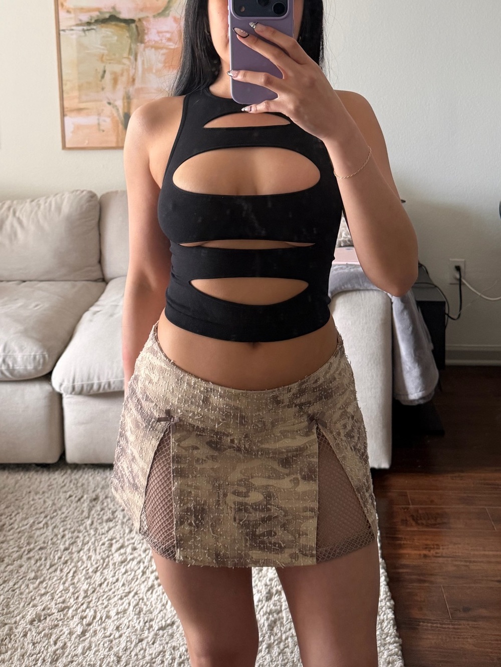 Outcast Camo Mini Skirt with Mesh Cutouts